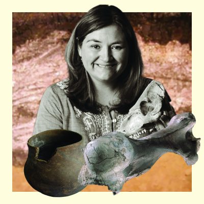 Dr. Sarah Sportman, State Archaeologist, with a clay pot and mastodon bone