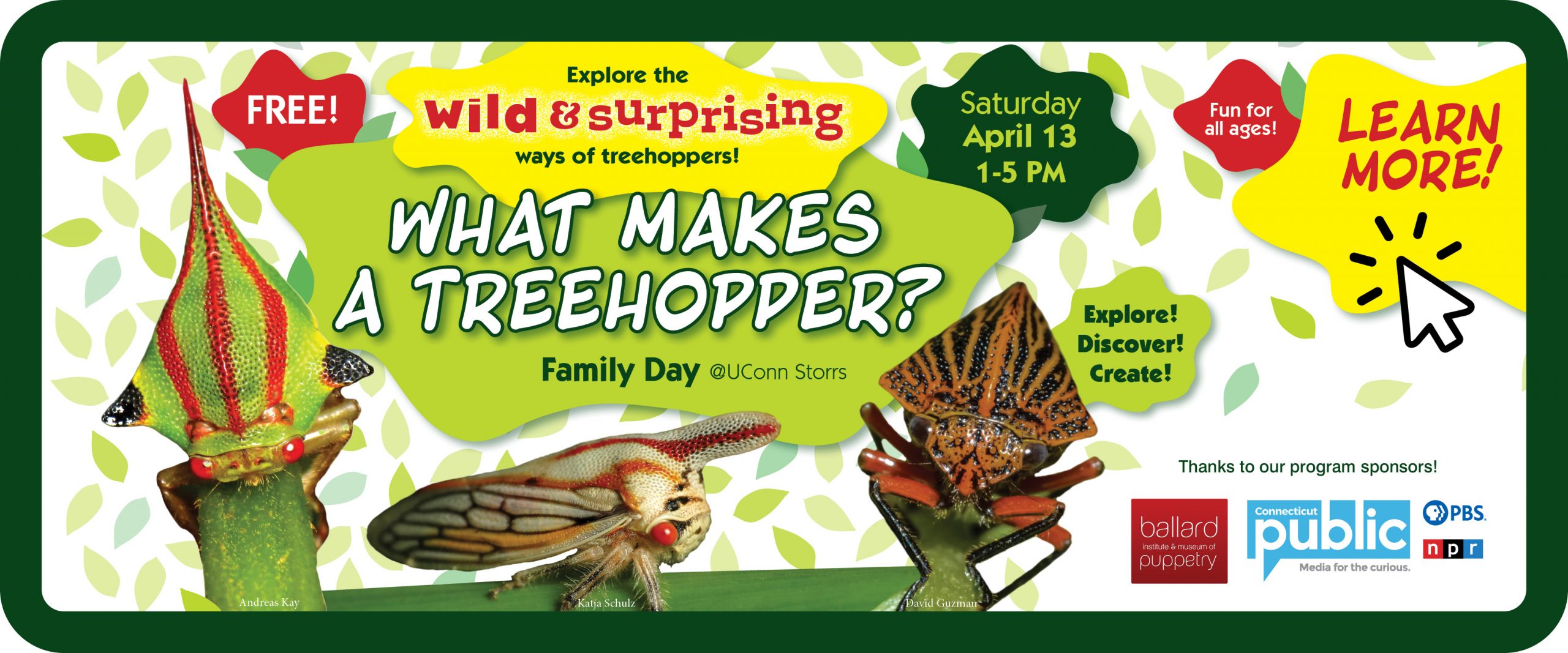 Graphic illustration for "What Makes a Treehopper?" Family Day on April 13, 2024