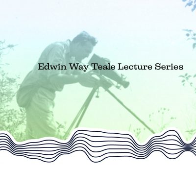 Graphic illustration of Edwin Way Teale in the field with a camera