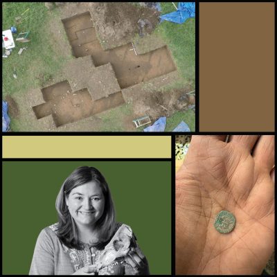 Graphic illustration of a grid with photos of State Archaeologist Sarah Sportman, a hand holding an artifact, and an aerial view of test pits at the Hollister site in Glastonbury