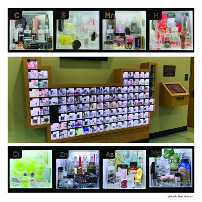 Illustration for the Periodic Table Display in the Chemistry Building at UConn Storrs. It includes photograph of the display and photographs of individual examples of eight elements