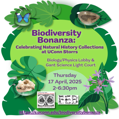 graphic illustration of natural history specimens and leaves with program info