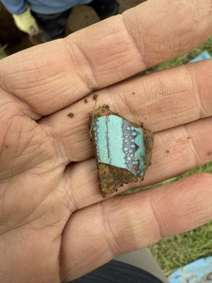 A blue painted pot fragment discovered at the Hollister Archaeology site, uncovered by the Office of State Archaeology with UConn Anthropology’s 2025 field school.
